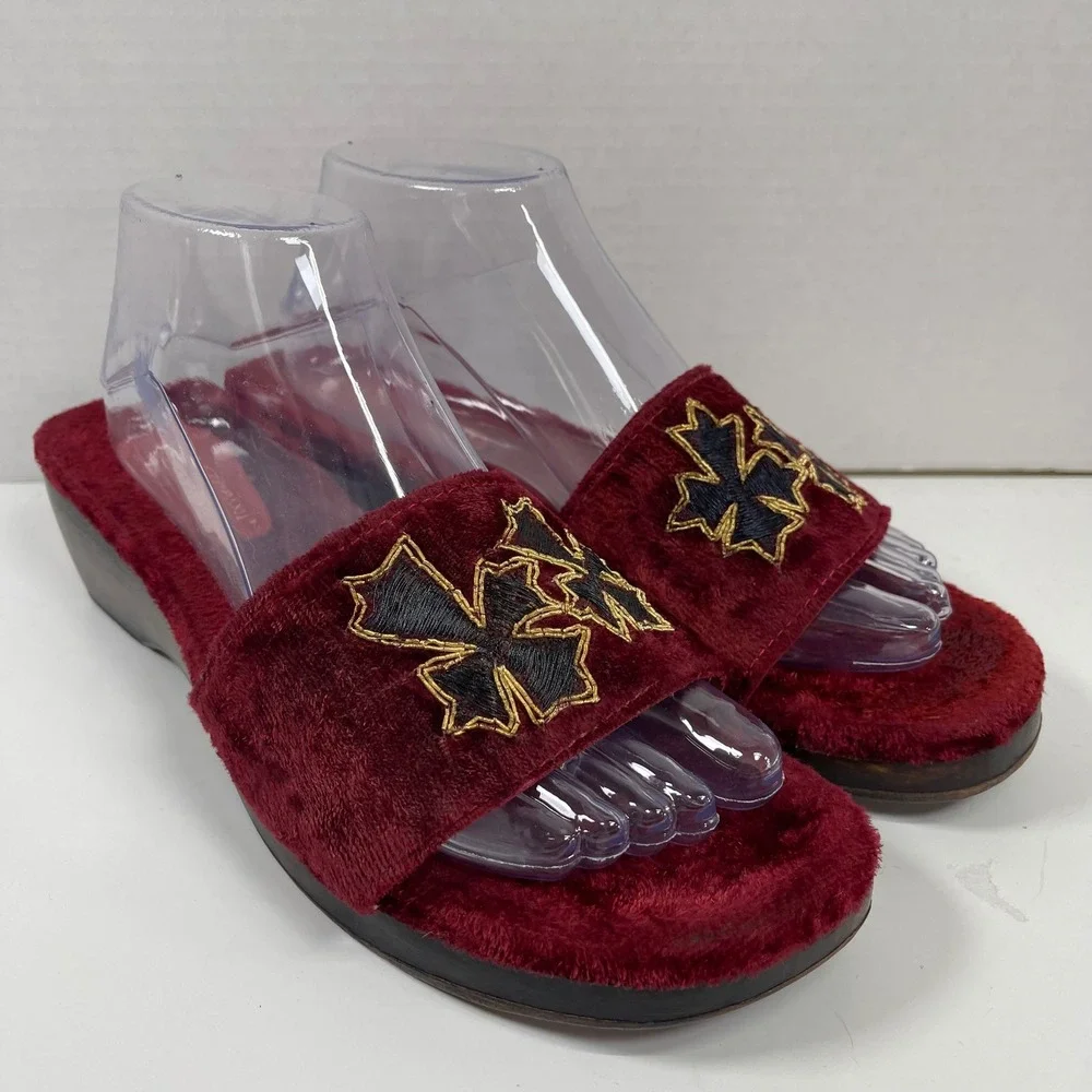 Vintage Luca Stefani Cross Velvet Wedge Sandals Women 41/10 Red Gothic Slides